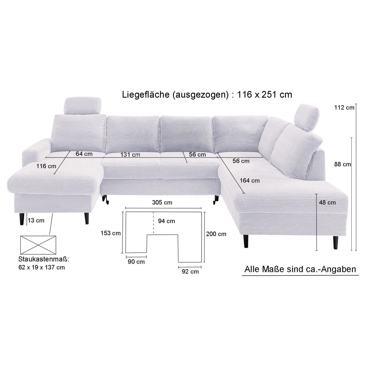 Wohnlandschaft B-Ware Sofa Couch U-Form mit Schlaffunktion und Stauraum Cord ♻️ - refurned