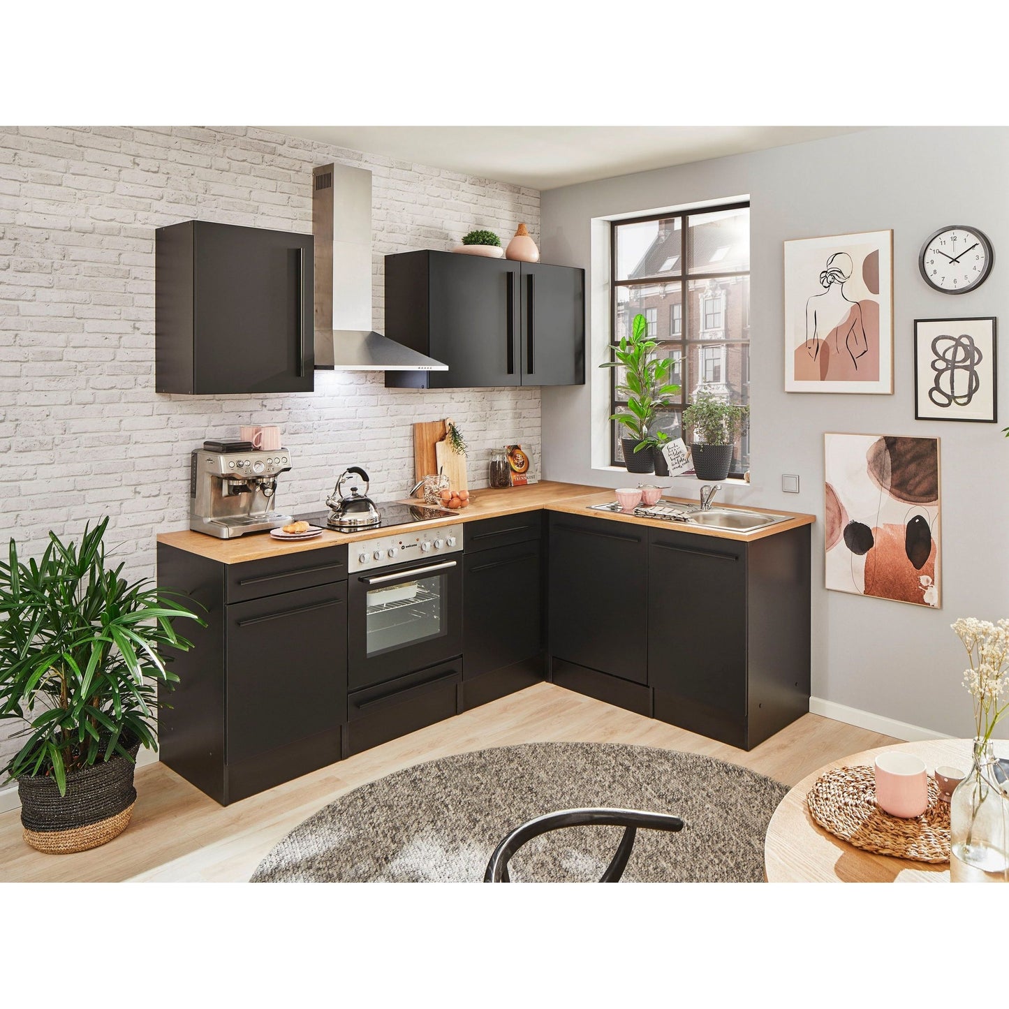 Küche Küchenblock Eckküche komplett mit E-Geräte JAZZ Schwarz B-Ware ♻️ - refurned