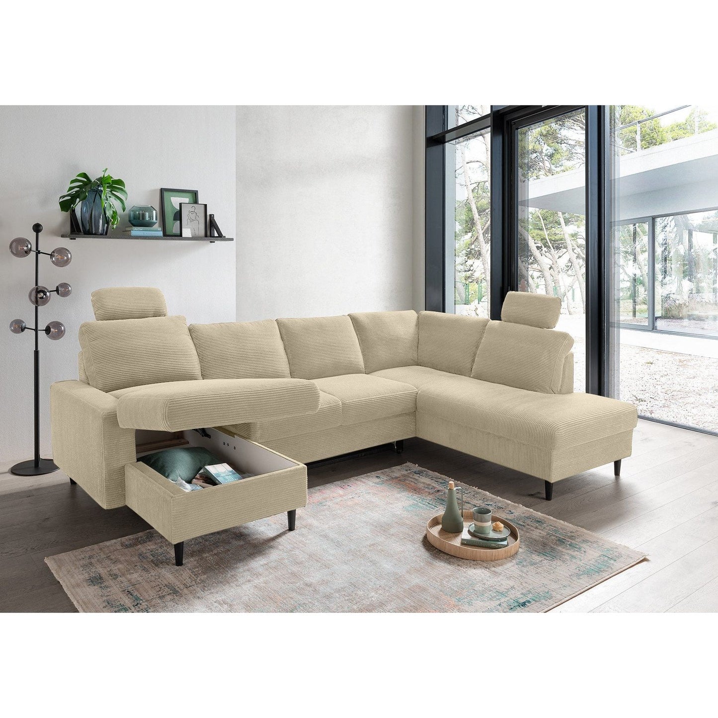 Wohnlandschaft B-Ware Sofa Couch U-Form mit Schlaffunktion und Stauraum Cord ♻️ - refurned