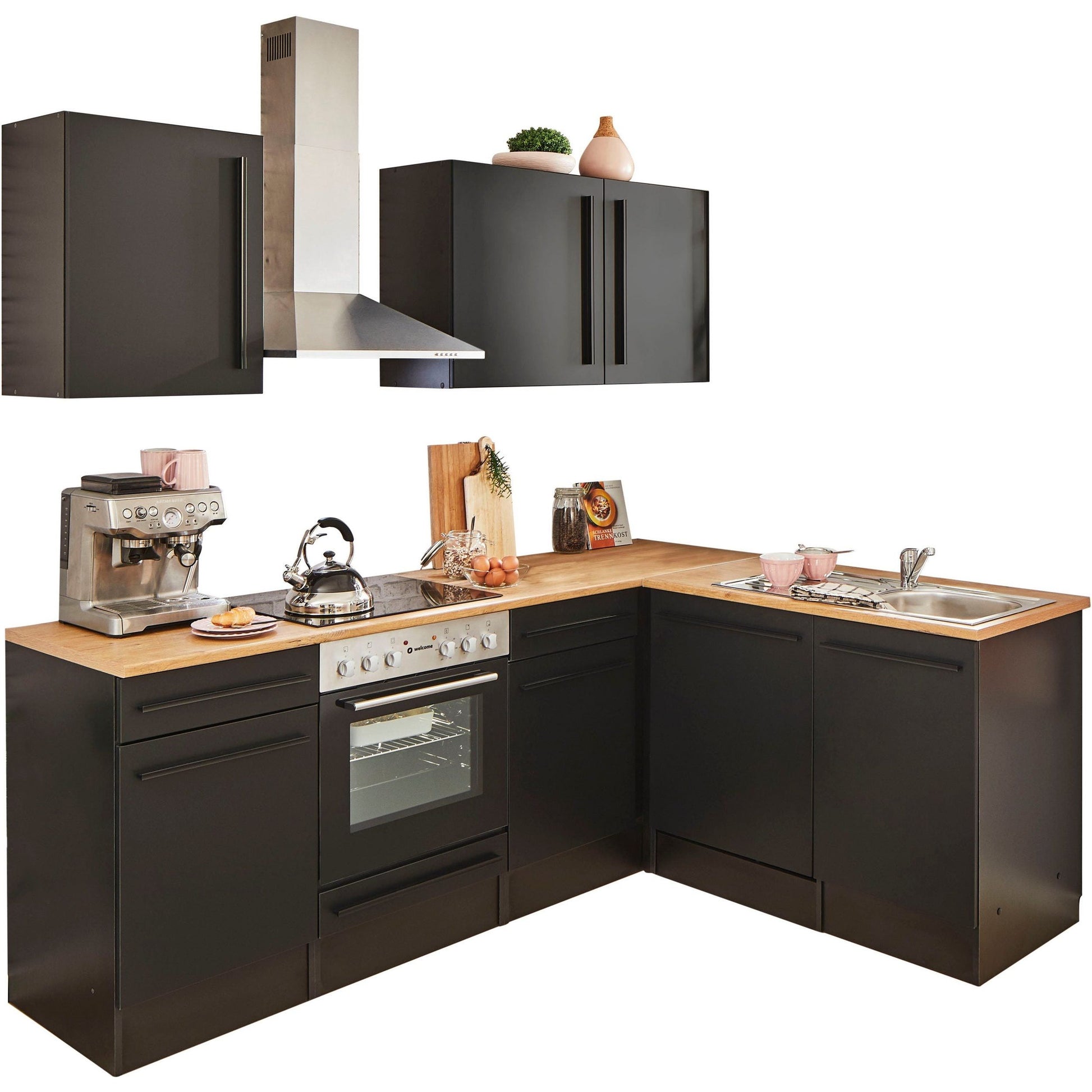 Küche Küchenblock Eckküche komplett mit E-Geräte JAZZ Schwarz B-Ware ♻️ - refurned
