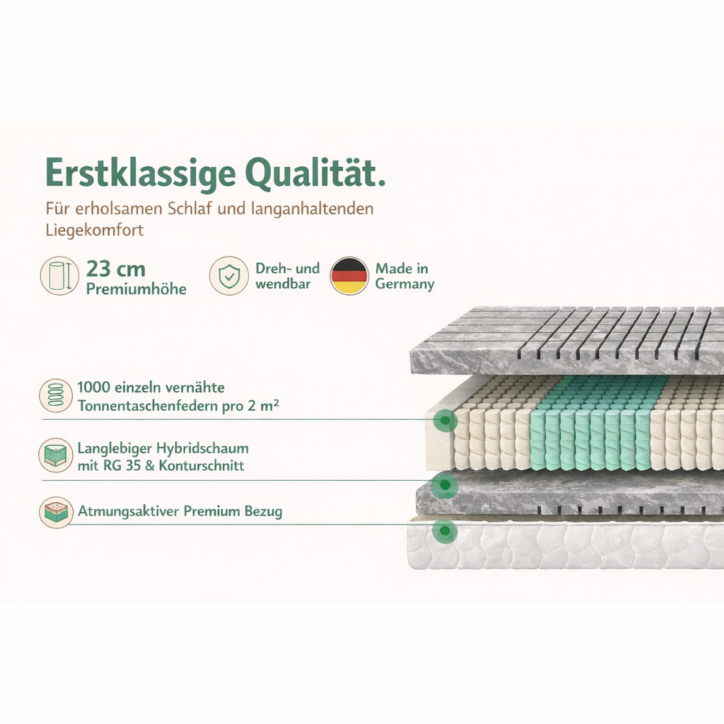 Refurned Gold Taschenfederkern Matratze – 1000 Federn, 3D Hybridschaum, 7-Zonen, 23 cm ✔️