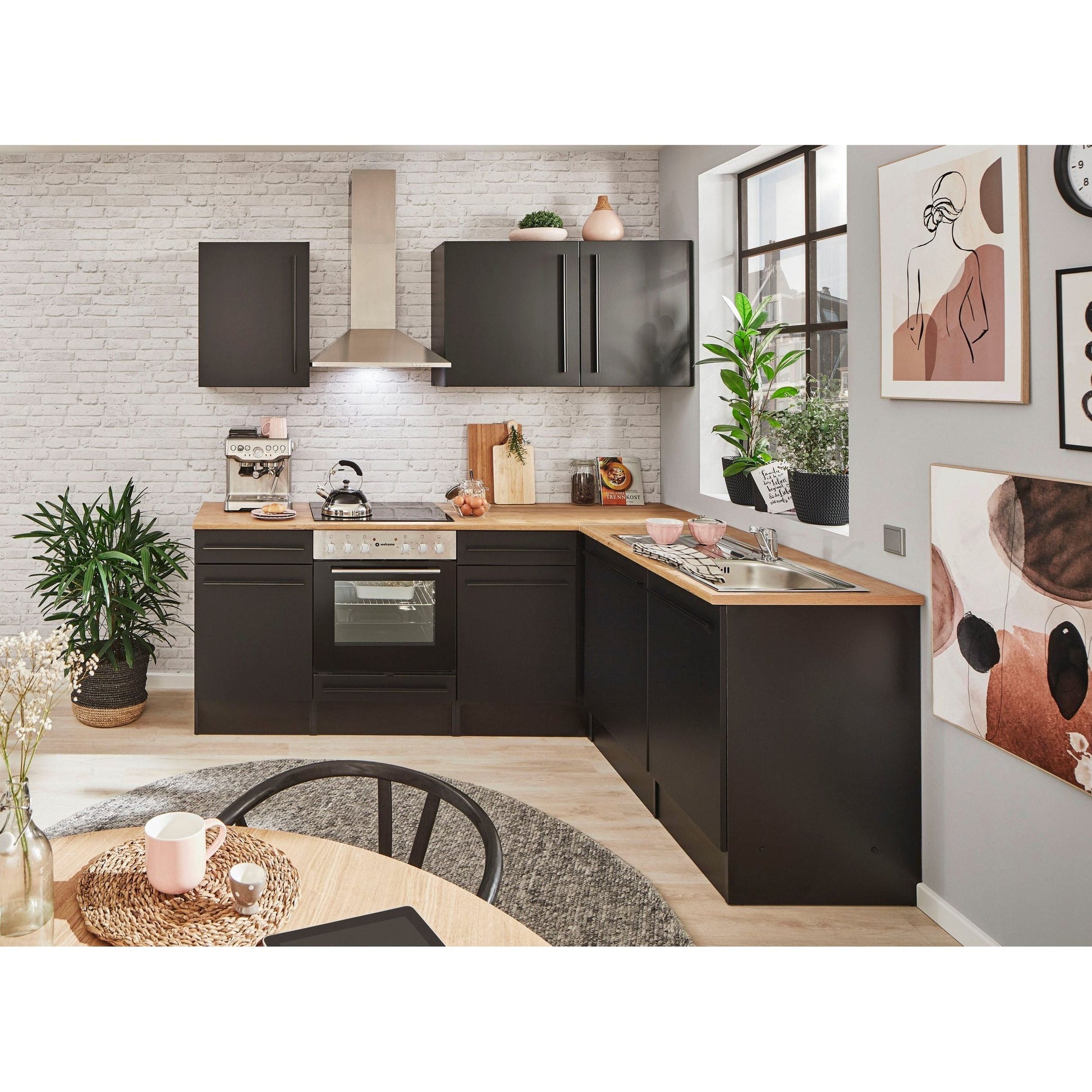 Küche Küchenblock Eckküche komplett mit E-Geräte JAZZ Schwarz B-Ware ♻️ - refurned
