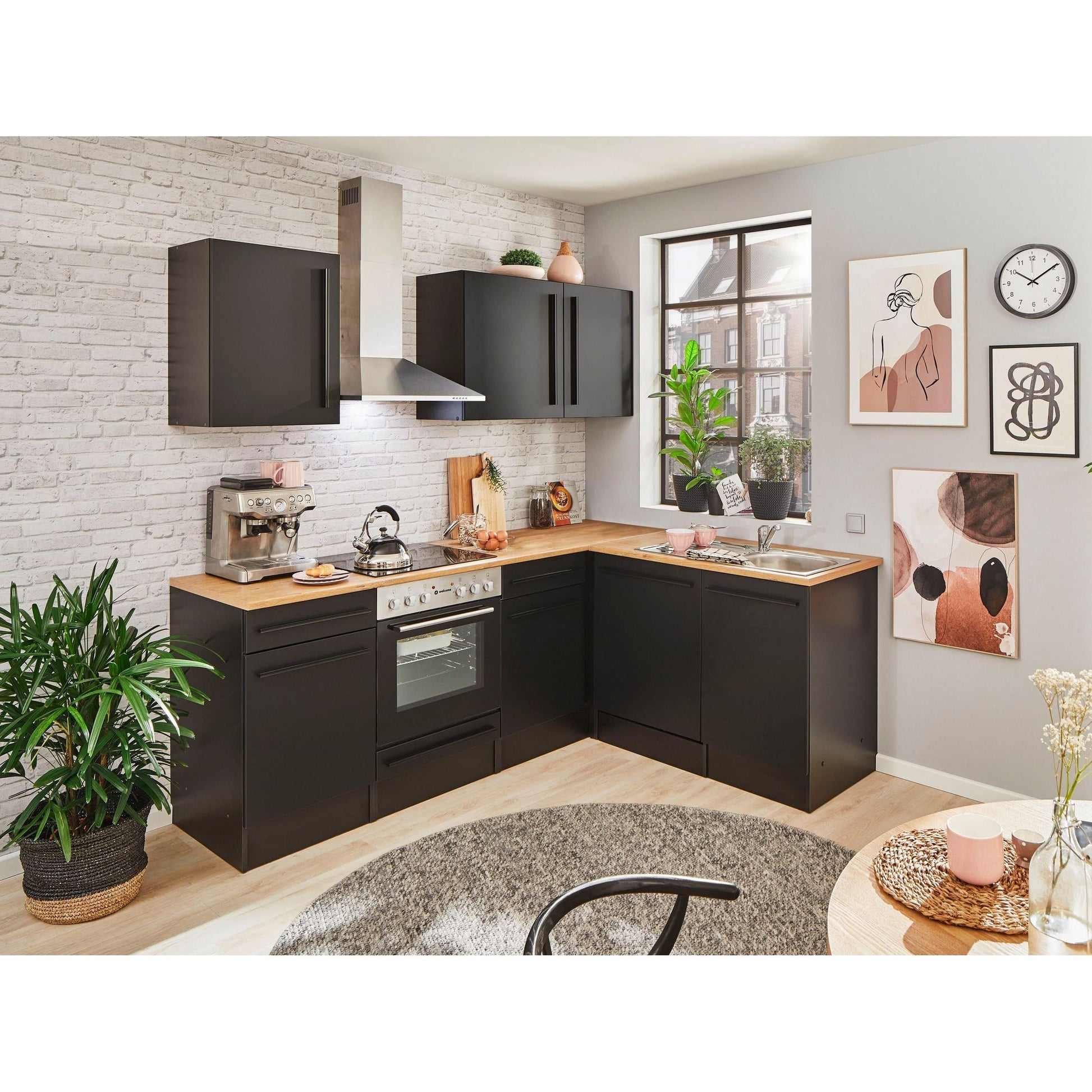Küche Küchenblock Eckküche komplett mit E-Geräte JAZZ Schwarz B-Ware ♻️ - refurned