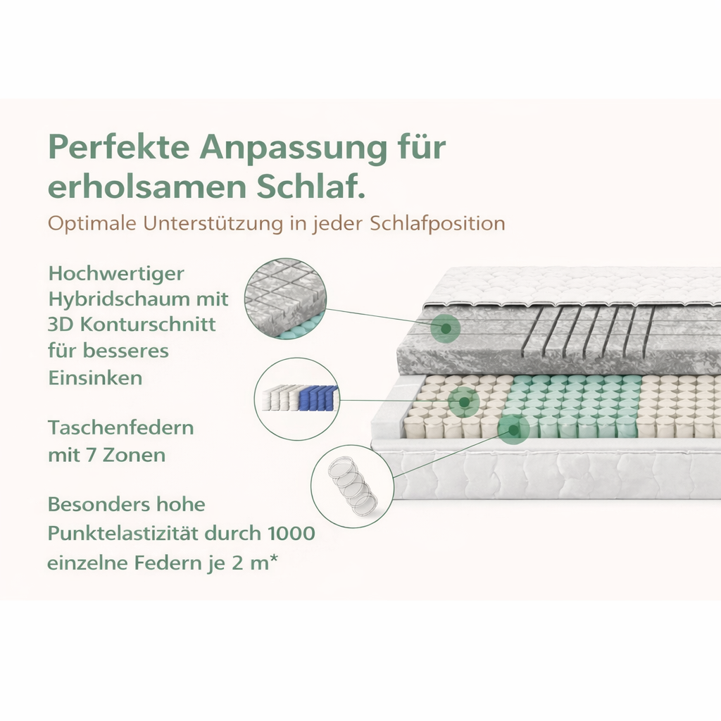 Refurned Gold Taschenfederkern Matratze – 1000 Federn, 3D Hybridschaum, 7-Zonen, 23 cm ✔️