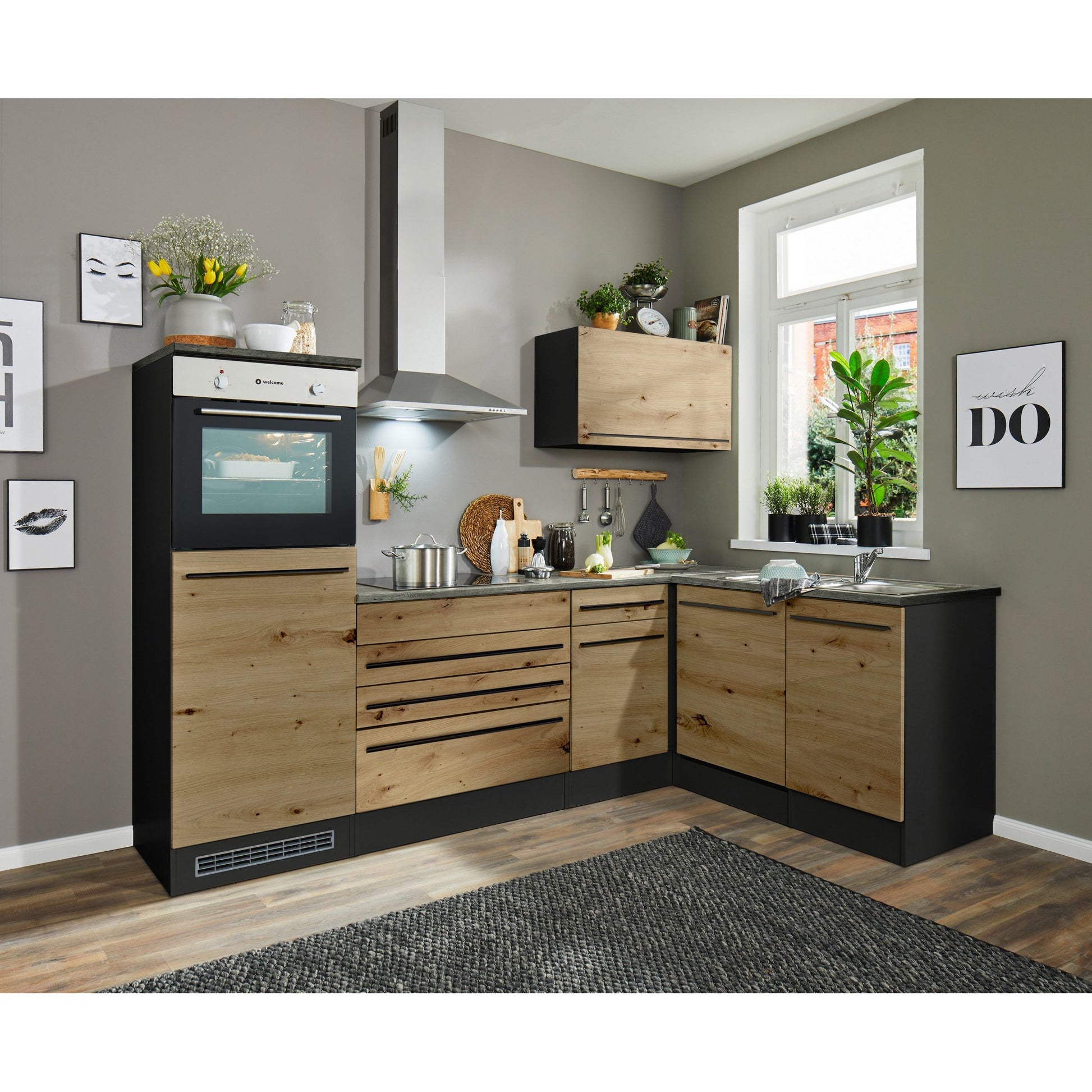 Küche B-Ware Eckküche JAZZ mit E-Geräte in Eiche 260x175 cm ♻️