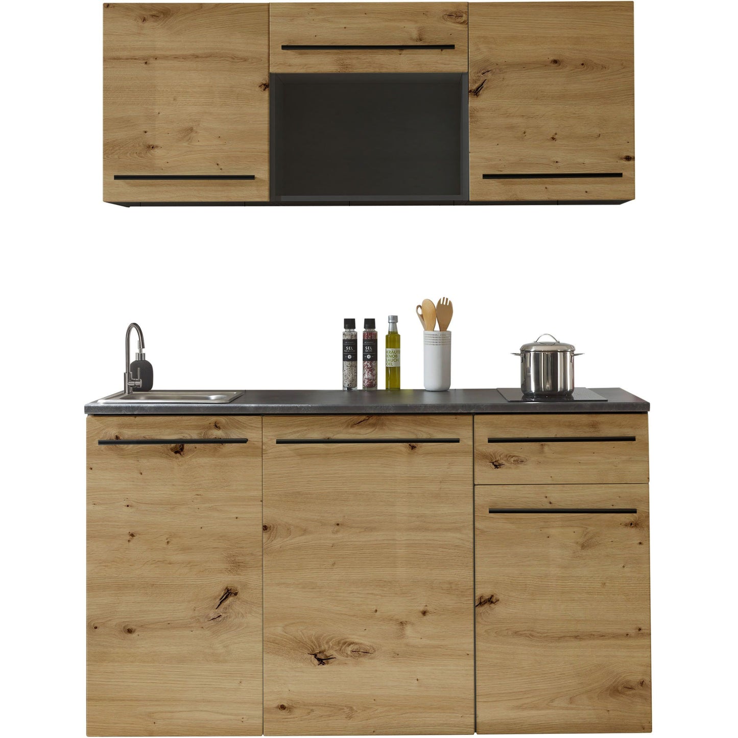 Küche B-Ware Singleküche Küchenblock komplett mit E-Geräte JAZZ Eiche 160 cm