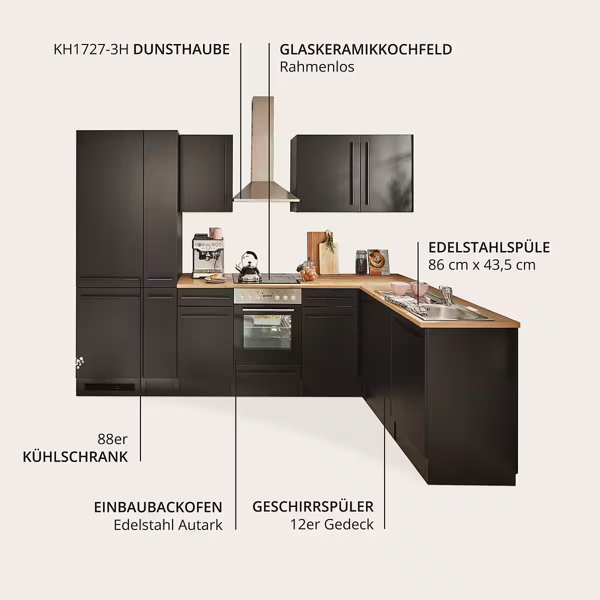 Küche Küchenblock Eckküche komplett mit E-Geräte JAZZ Schwarz B-Ware ♻️