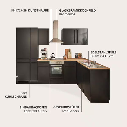 Küche Küchenblock Eckküche komplett mit E-Geräte JAZZ Schwarz B-Ware ♻️