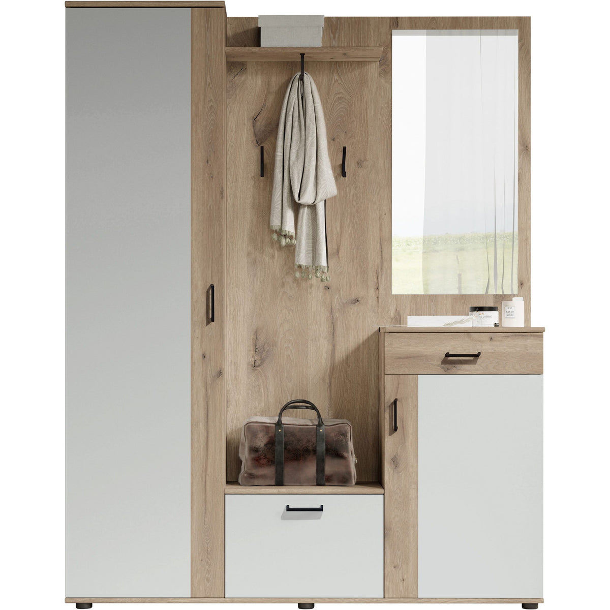 Kompaktgarderobe Jens – Garderobenschrank mit Spiegel & Stauraum – Refurned