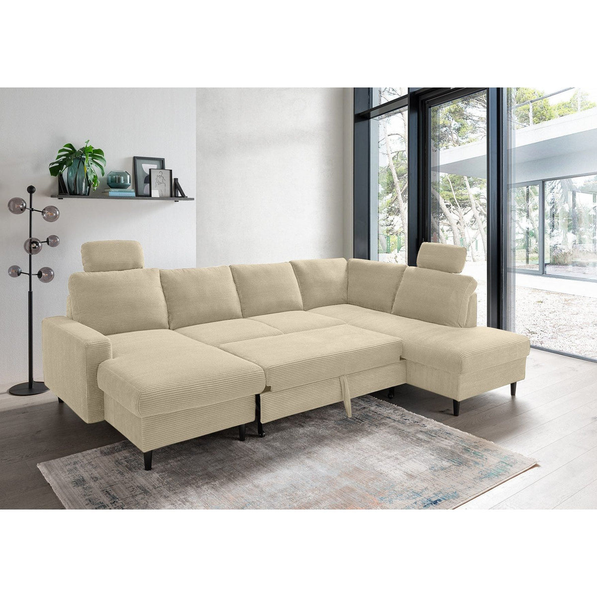 Wohnlandschaft B-Ware Sofa Couch U-Form mit Schlaffunktion und Staurau – Refurned